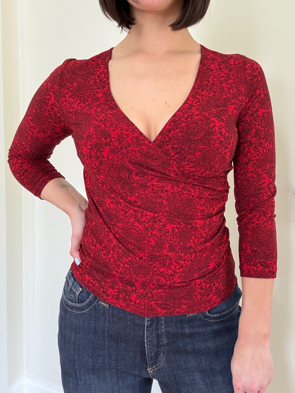 Rafaella Red Floral Wrap Top Petite S